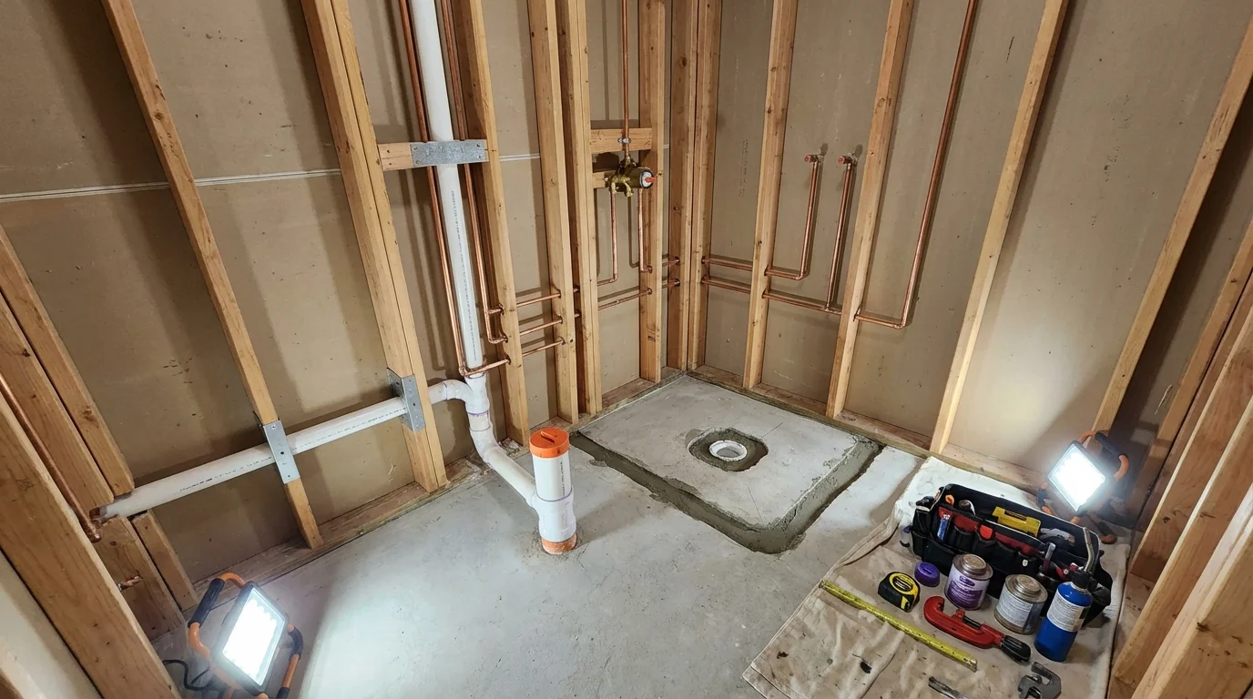 Bathroom rough-in plumbing during remodel by Johns Plumbing LLC in Paullina