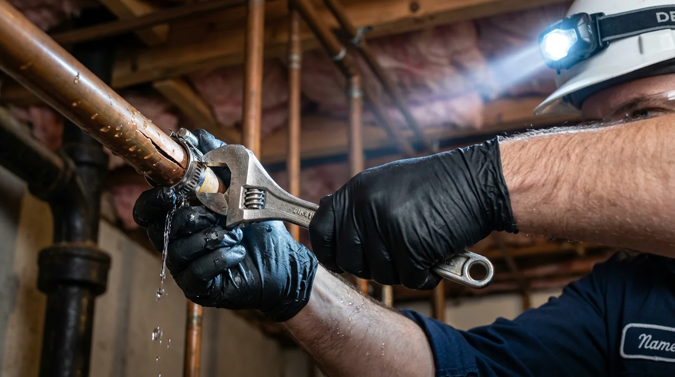 Emergency pipe clamp repair being performed by a Johns Plumbing LLC plumber in Paullina