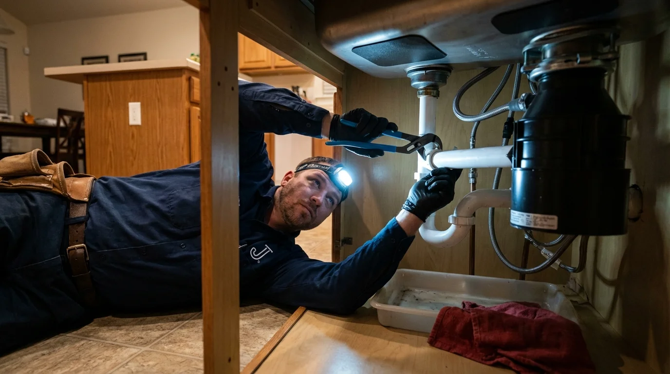 P-trap and supply line connections under a kitchen sink showing a common leak point in Paullina, IA
